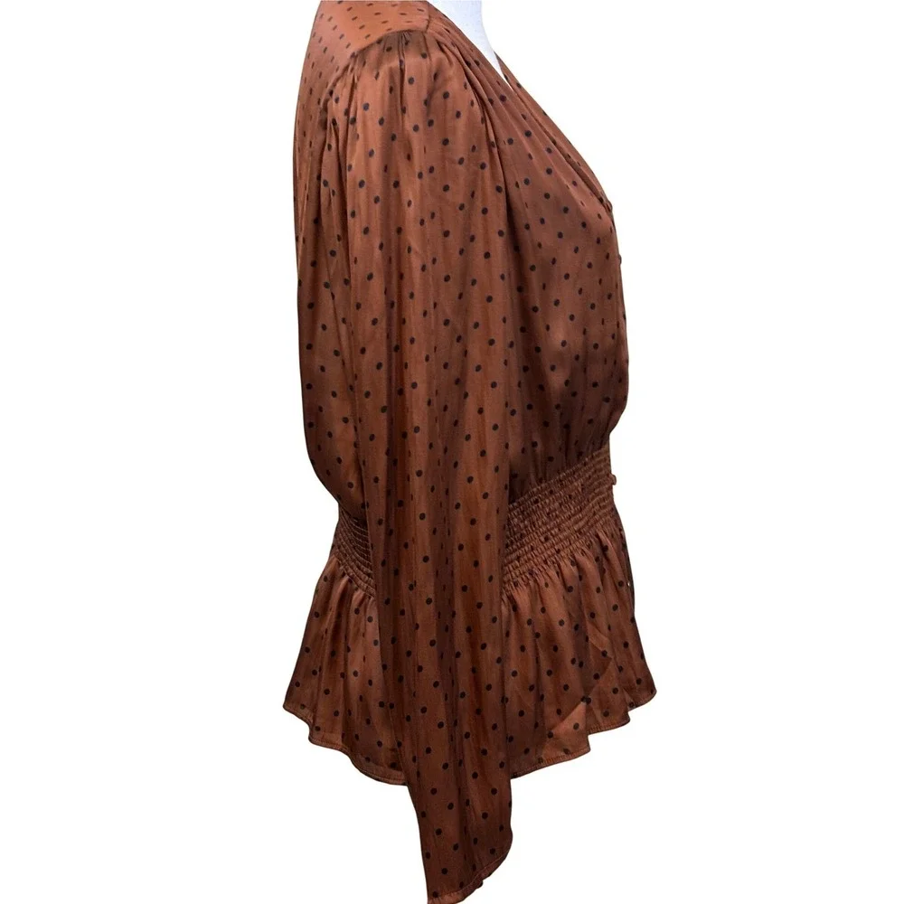 Banana Republic Polka Dot Smocked Waist Peplum Blouse Bronze Brown Large NWT